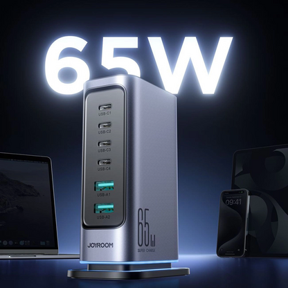Joyroom JR-TCM02 UK Station Charger, 65W, 3.25A, 2 x USB-A - 4 x USB-C, Gray