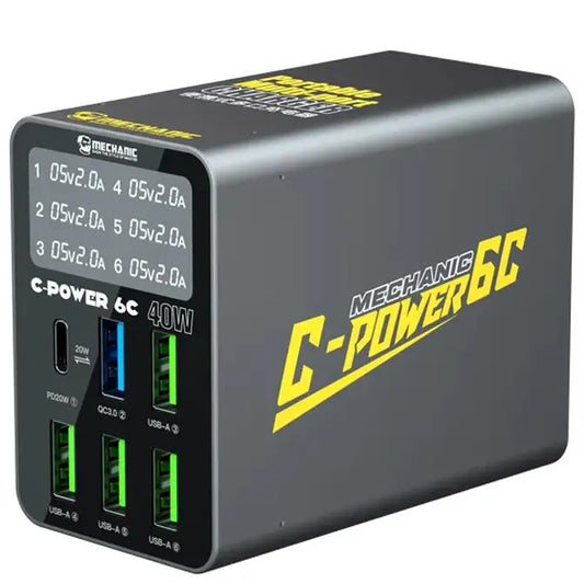 Caricabatterie Stazione Mechanic 6C con Display, 40W, 3A, 1 x USB-C - 5 x USB-A, Nero