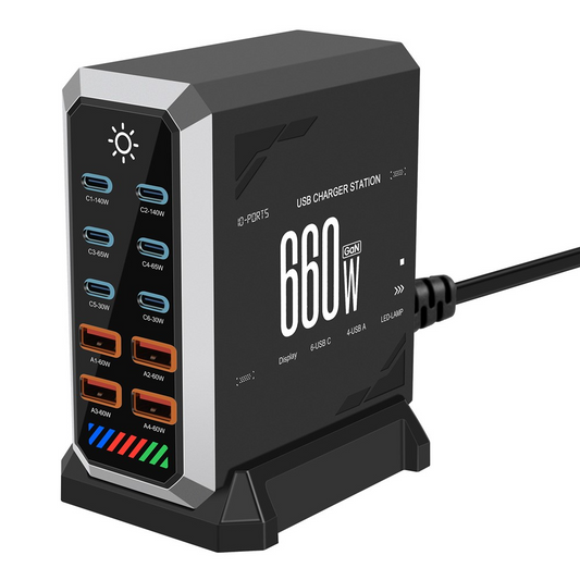 Caricatore Stazione OEM HW18, 660W, 5A, 4 x USB-A - 6 x USB-C, Nero