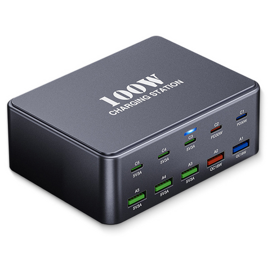 Caricatore Stazione OEM HW33, 100W, 3A, 5 x USB-A - 5 x USB-C, Grigio