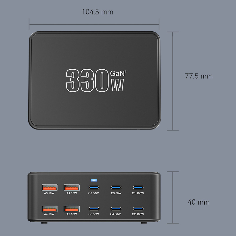 Caricatore Stazione OEM HW66, 330W, 5A, 4 x USB-A - 6 x USB-C, Nero