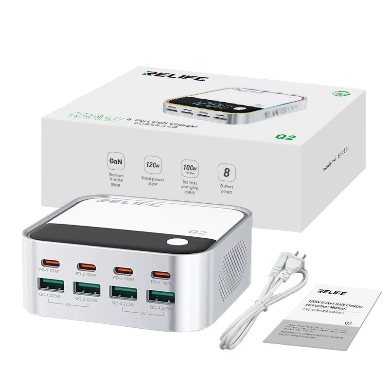 Caricabatterie Stazione Relife Q2, 120W, 5A, 4 x USB-A - 4 x USB-C, Argento