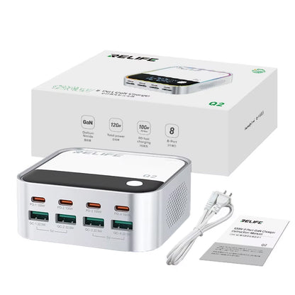 Caricabatterie Stazione Relife Q2, 120W, 5A, 4 x USB-A - 4 x USB-C, Argento