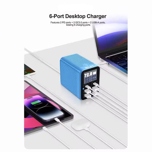 Caricabatterie Stazione Relife Q4, 72W, 5A, 2 x USB-C - 4 x USB-A, Grigio