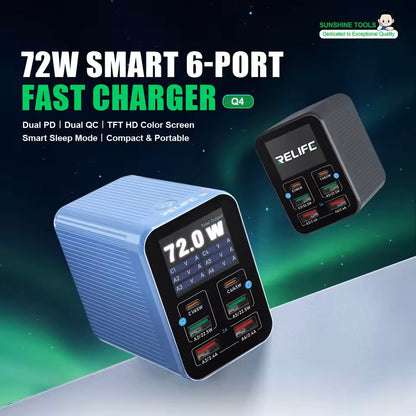 Relife Q4 Charging Station, 72W, 5A, 2 x USB-C - 4 x USB-A, Blue