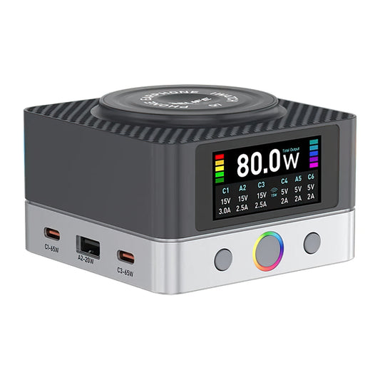 Caricabatterie Stazione Relife Q7 QI, 80W, 3.25A, 2 x USB-A - 4 x USB-C, Grigio