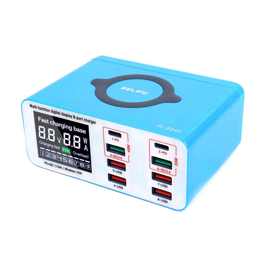 Caricabatterie Stazione Relife RL-304S QI, 110W, 3A, 2 x USB-C - 6 x USB-A, Blu