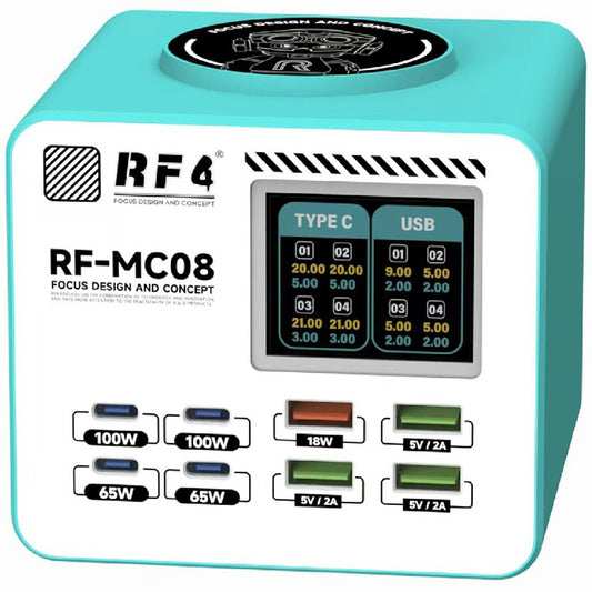 Caricatore Stazione RF4 RF-MC08, 150W, 5A, 4 x USB-A - 4 x USB-C, Turchese