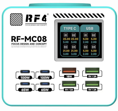 Caricatore Stazione RF4 RF-MC08, 150W, 5A, 4 x USB-A - 4 x USB-C, Turchese