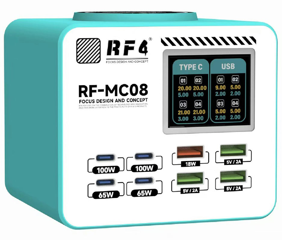 Caricatore Stazione RF4 RF-MC08, 150W, 5A, 4 x USB-A - 4 x USB-C, Turchese