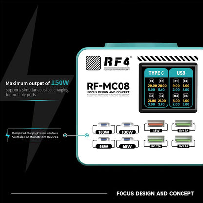 Caricatore Stazione RF4 RF-MC08, 150W, 5A, 4 x USB-A - 4 x USB-C, Turchese