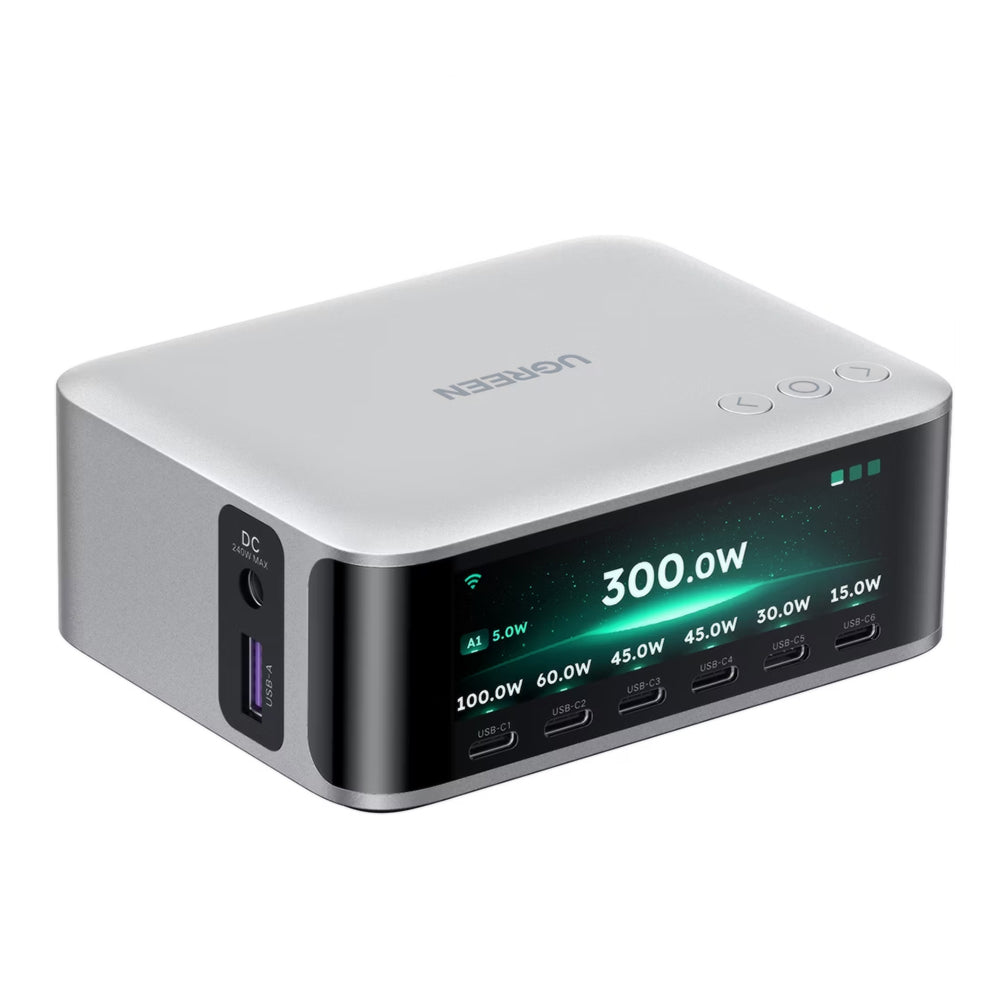 Caricabatterie da tavolo UGREEN Nexode Pro X783 (75753B) con display, 300 W, 5 A, 1 x USB-A - 6 x USB-C - 1 x DC, grigio