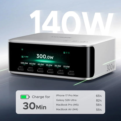 Caricabatterie da tavolo UGREEN Nexode Pro X783 (75753B) con display, 300 W, 5 A, 1 x USB-A - 6 x USB-C - 1 x DC, grigio