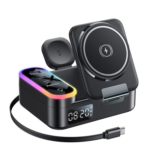 Yesido DS38 Display QI 3in1 Charging Station, 65W, 3A, 1 x USB-A - 2 x USB-C, Black