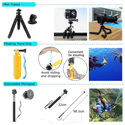 Kit Accessori Camera Sport Techsuit SA50 per GoPro / Serie SJCAM, 50in1, Nero