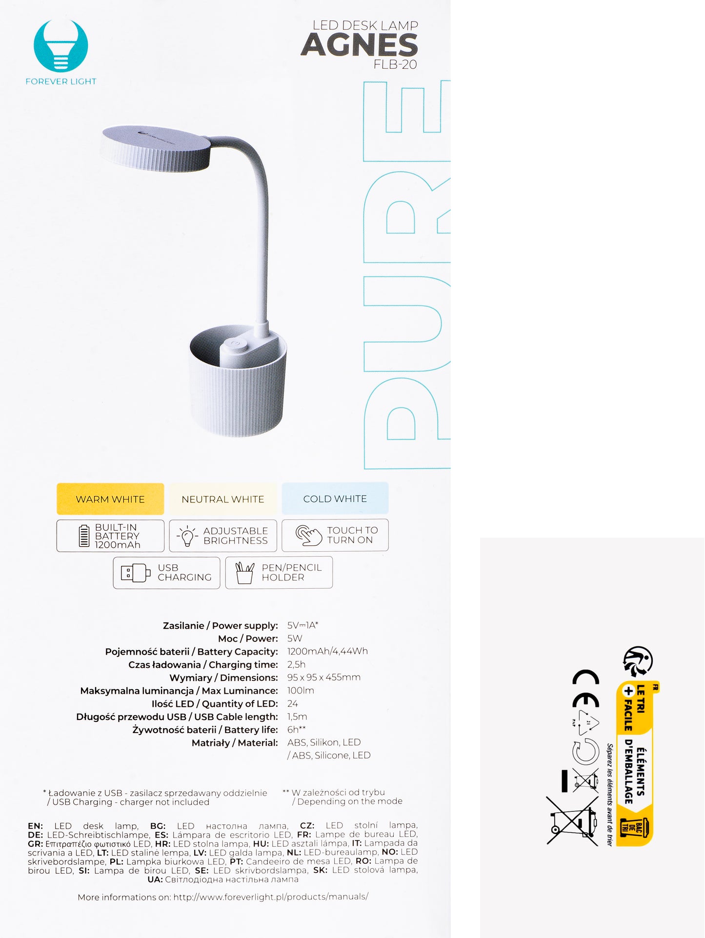 Forever FLB-20 Lampada a led per organizzatori, 5W, 3000K - 6000K