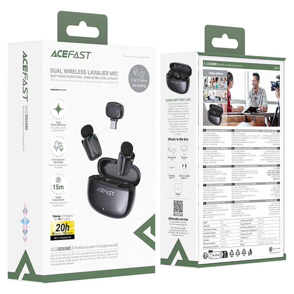 Lavalier Acefast R2, USB-C, Set 2 pezzi, Nero