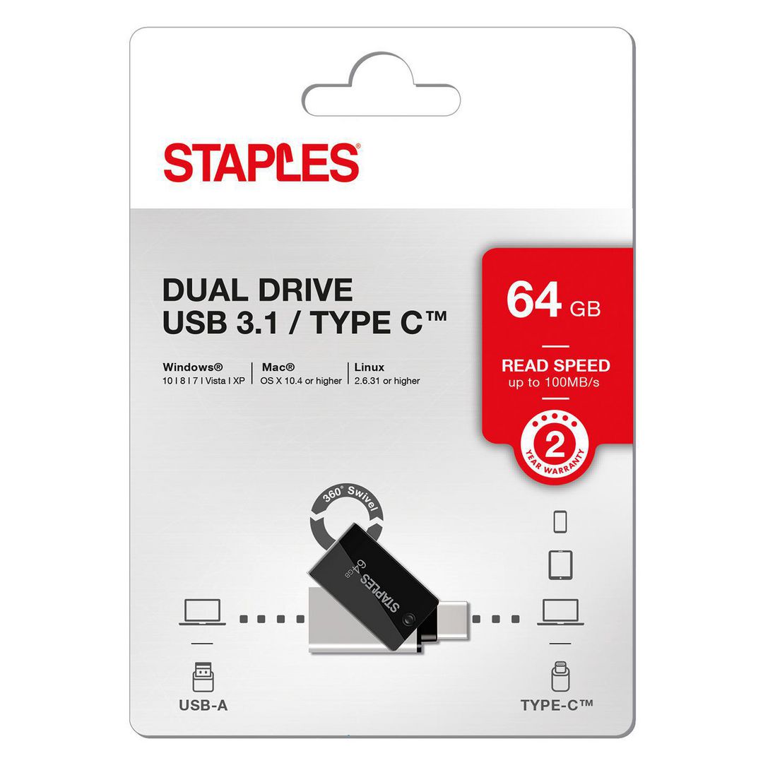 Memoria Esterna USB-A 3.1 / USB-C Staples K23, 64Gb EKMMD64GK233CST