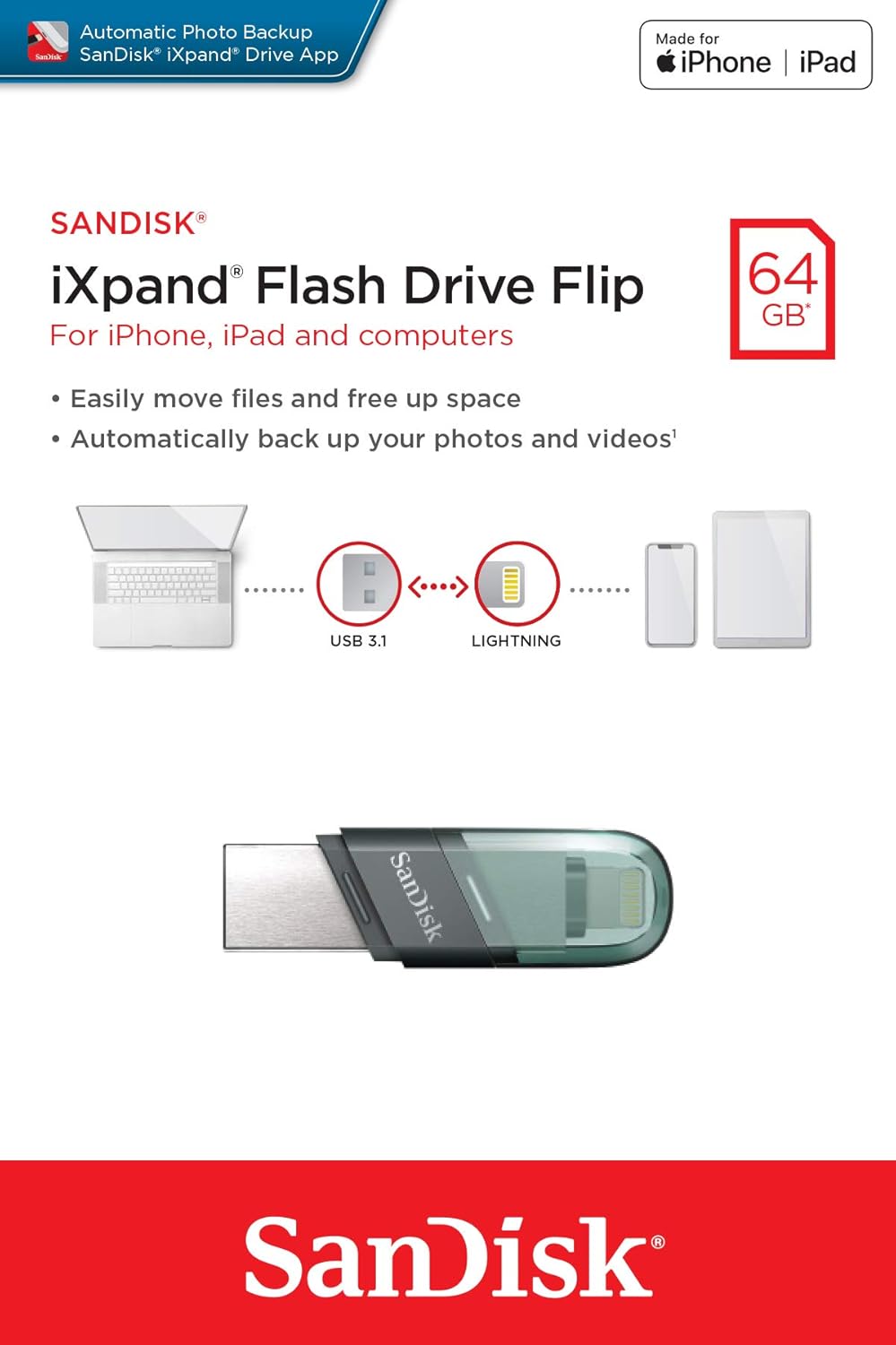 Memoria Esterna USB-A 3.1 / Lightning SanDisk iXpand Flip, 64Gb SDIX90N-064G-GN6NN