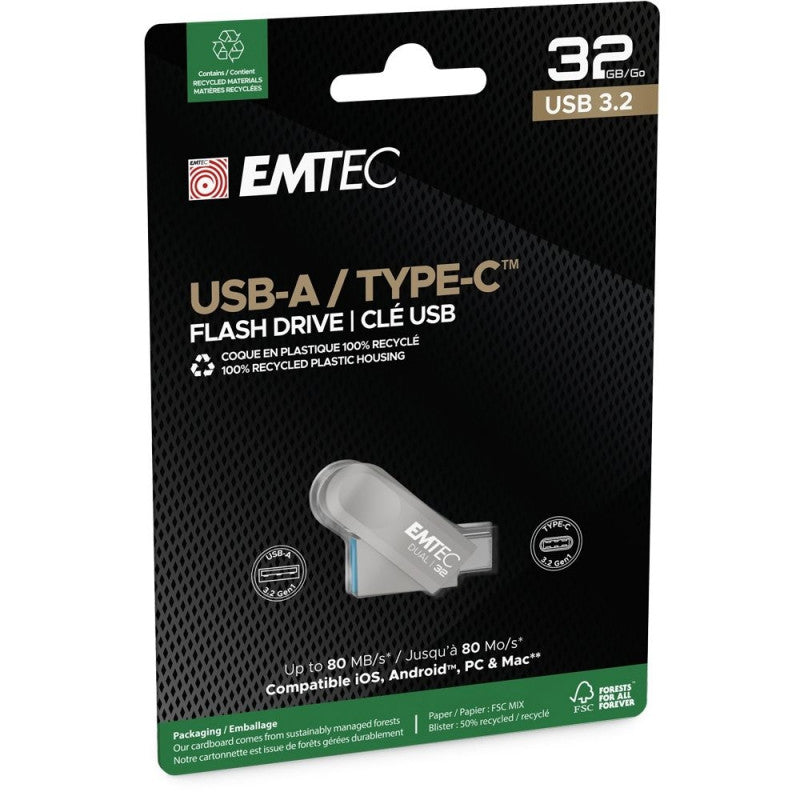 Memoria Esterna USB-A 3.2 / USB-C Emtec D280 Dual, 32Gb ECMMD32GD28