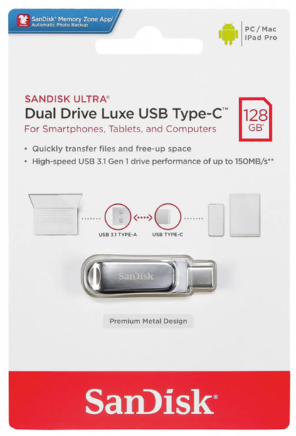 Memoria Esterna USB-A 3.2 / USB-C SanDisk Ultra Luxe Dual Drive, 128Gb SDDDC4-128G-G46