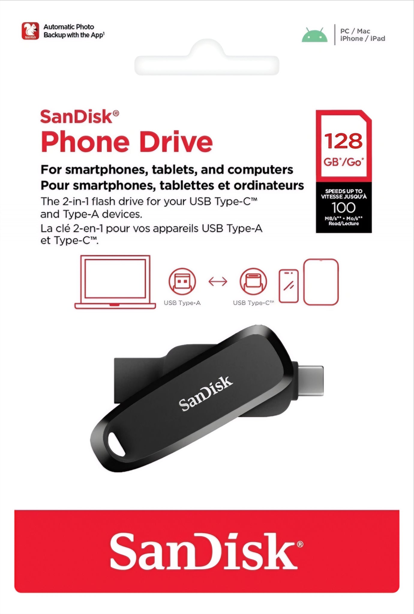 External Memory USB-A 3.2 / USB-C SanDisk Phone Drive, 128Gb SDDDC6-128G-G46