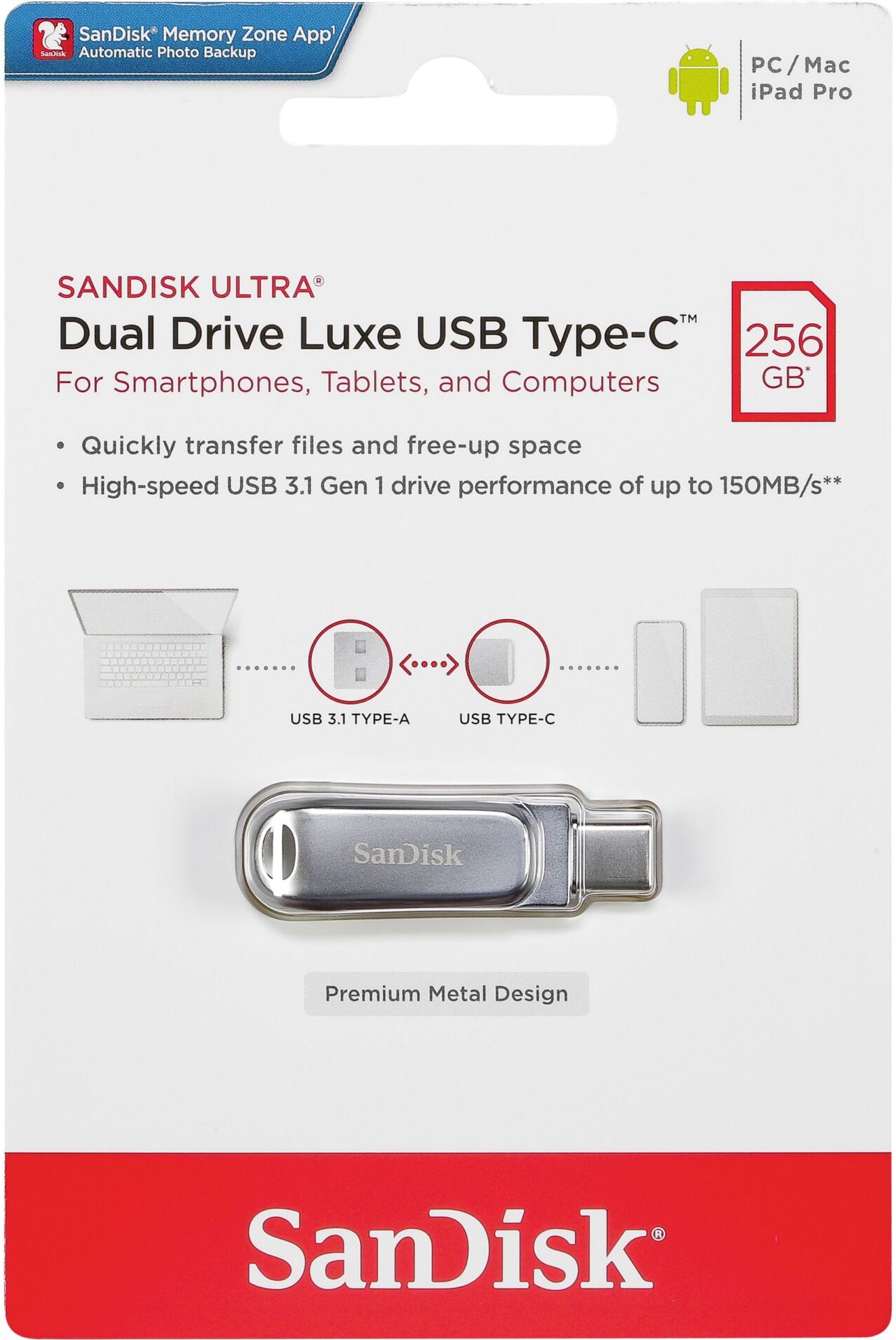 Memoria Esterna USB-A 3.2 / USB-C SanDisk Ultra Luxe Dual Drive, 256Gb SDDDC4-256G-G46