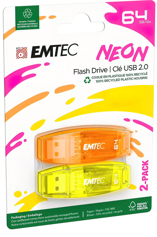 Memoria Esterna USB-A Emtec C410 Neon, 64Gb, Set 2 pezzi ECMMD64GC41
