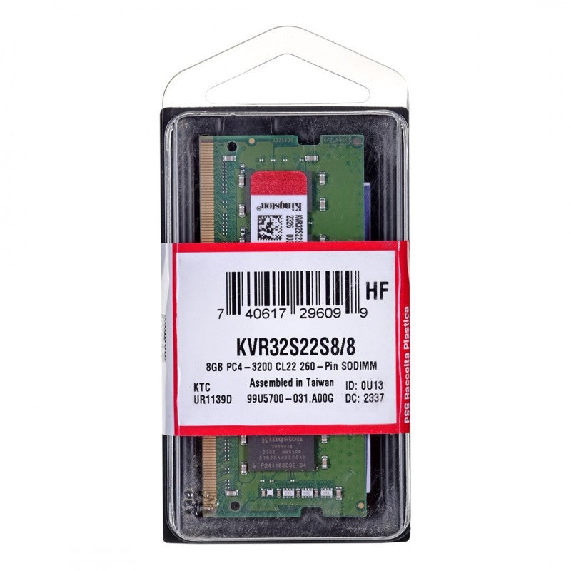 Memoria RAM Kingston ValueRAM, DDR4 SODIMM, 8GB, 3200Mhz KVR32S22S8/8