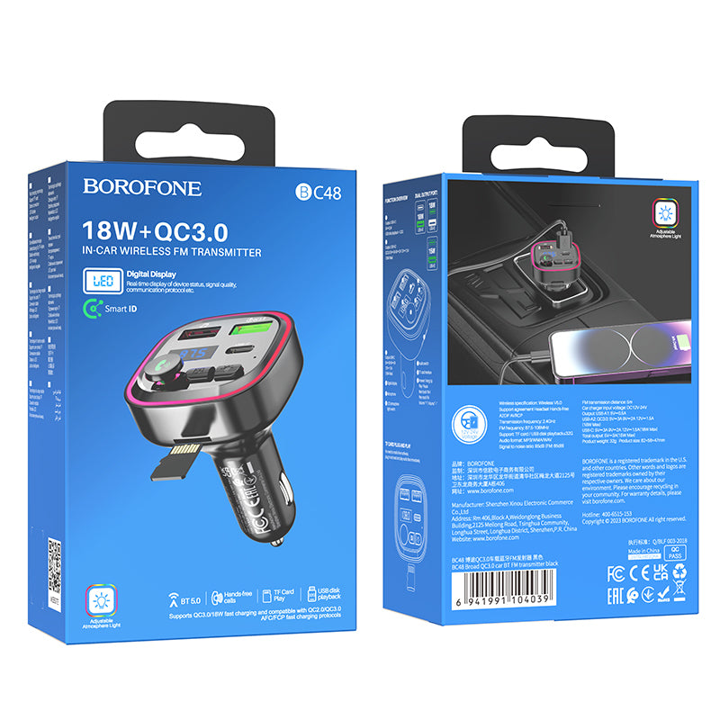 Modulatore FM Bluetooth Borofone BC48, 2 x USB-A - 1 x USB-C