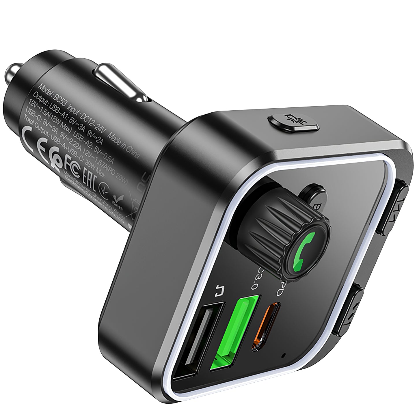 Modulatore FM Bluetooth BC53 Highway, 2 x USB-A - 1 x USB-C 