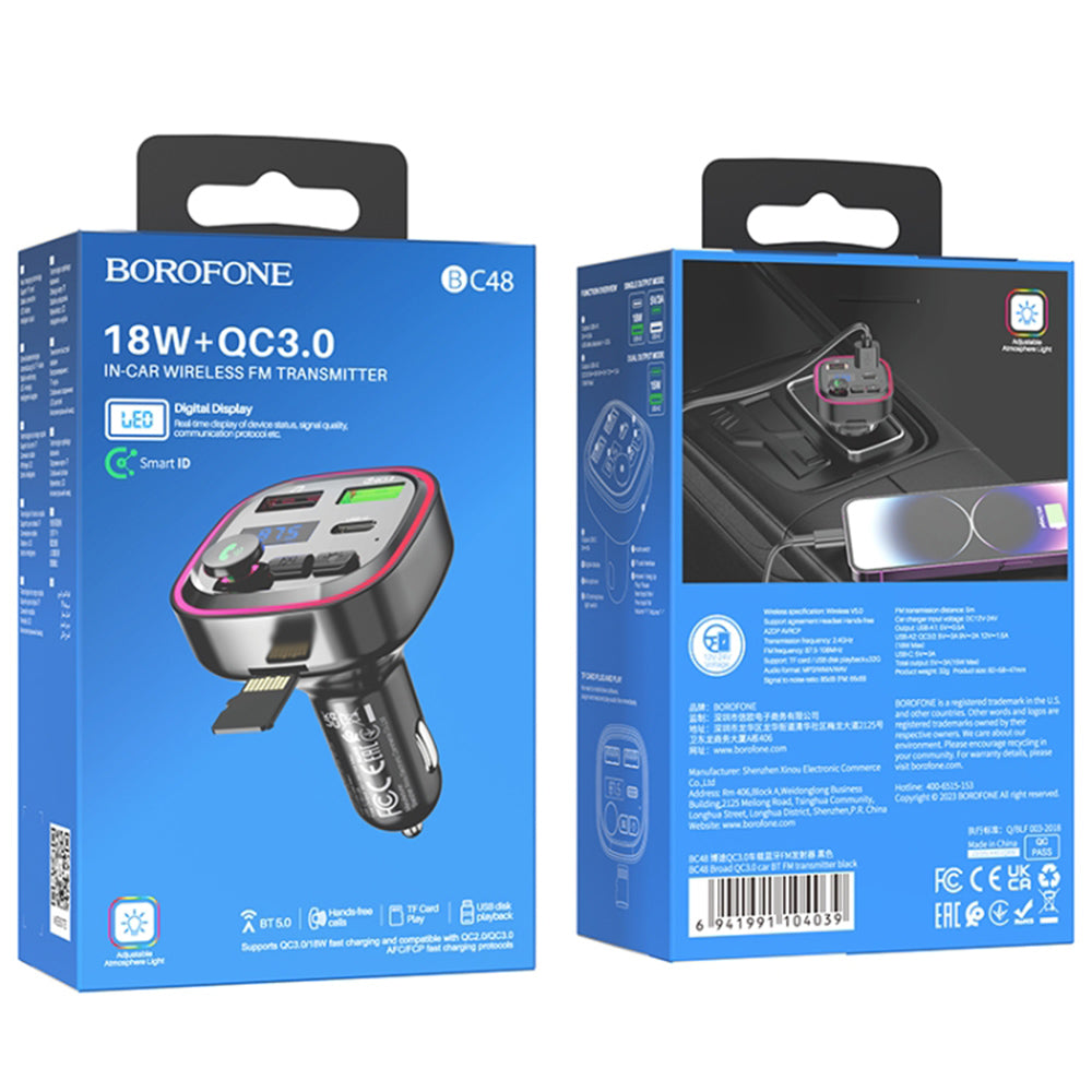Modulatore FM Bluetooth Borofone BC48, 2 x USB-A - 1 x USB-C