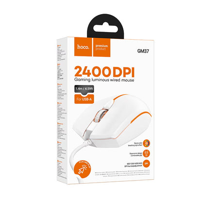 Mouse Gaming Wired USB HOCO GM37, RGB, 2400DPI, Bianco