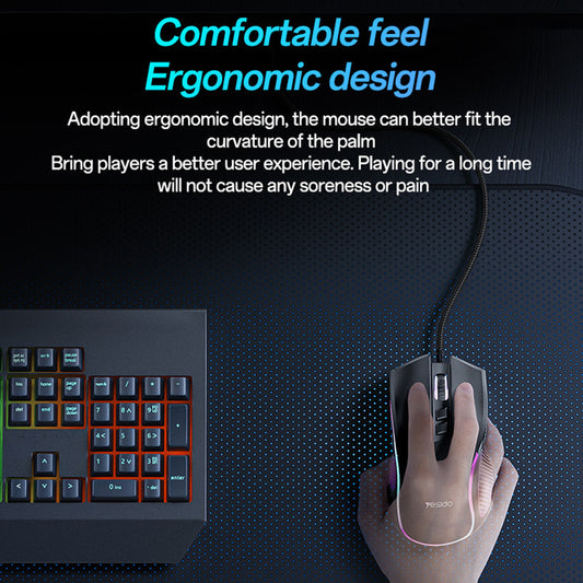 Mouse Gaming Cablato USB Yesido KB20, RGB, 1000DPI - 7200DPI, Nero
