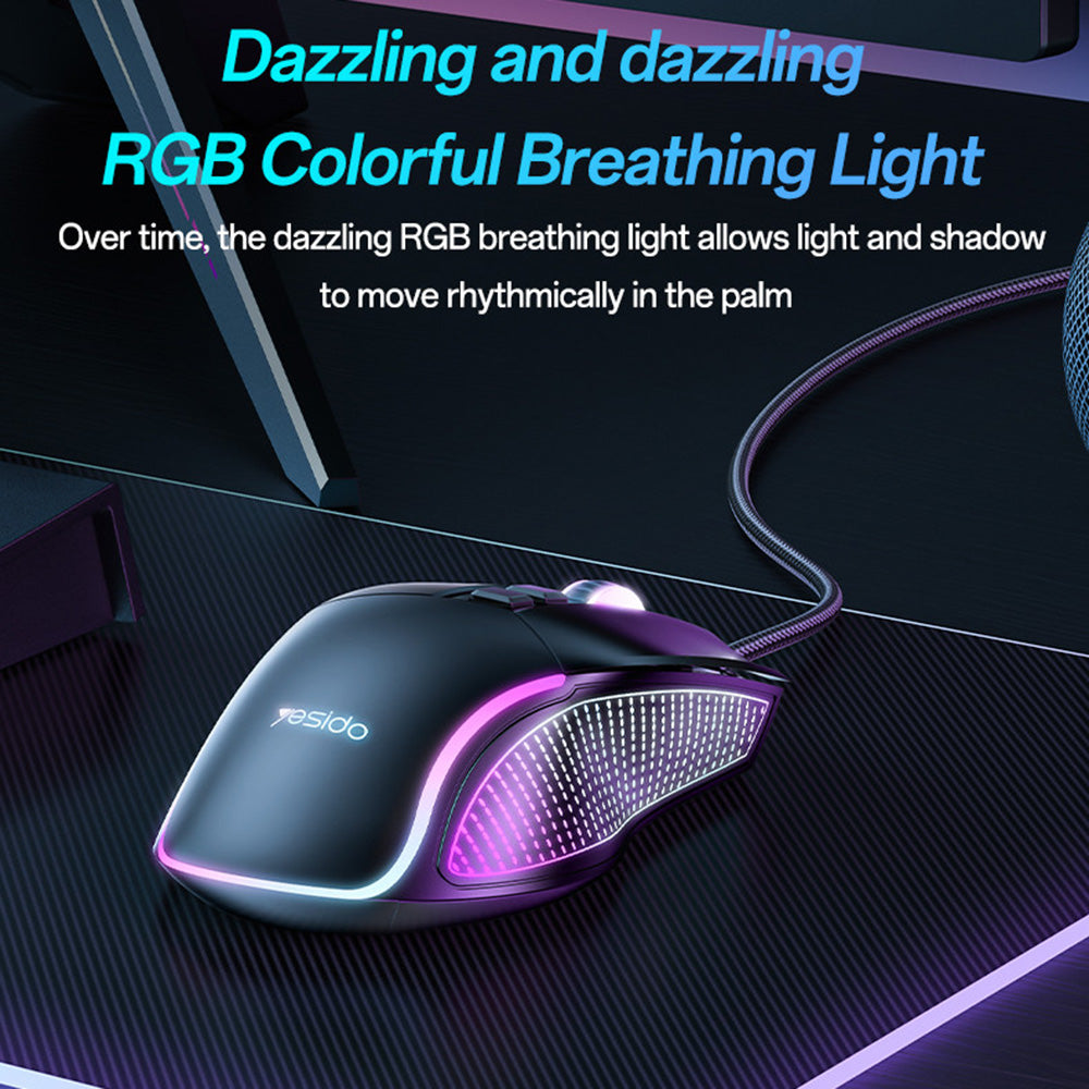 Mouse Gaming Cablato USB Yesido KB20, RGB, 1000DPI - 7200DPI, Nero