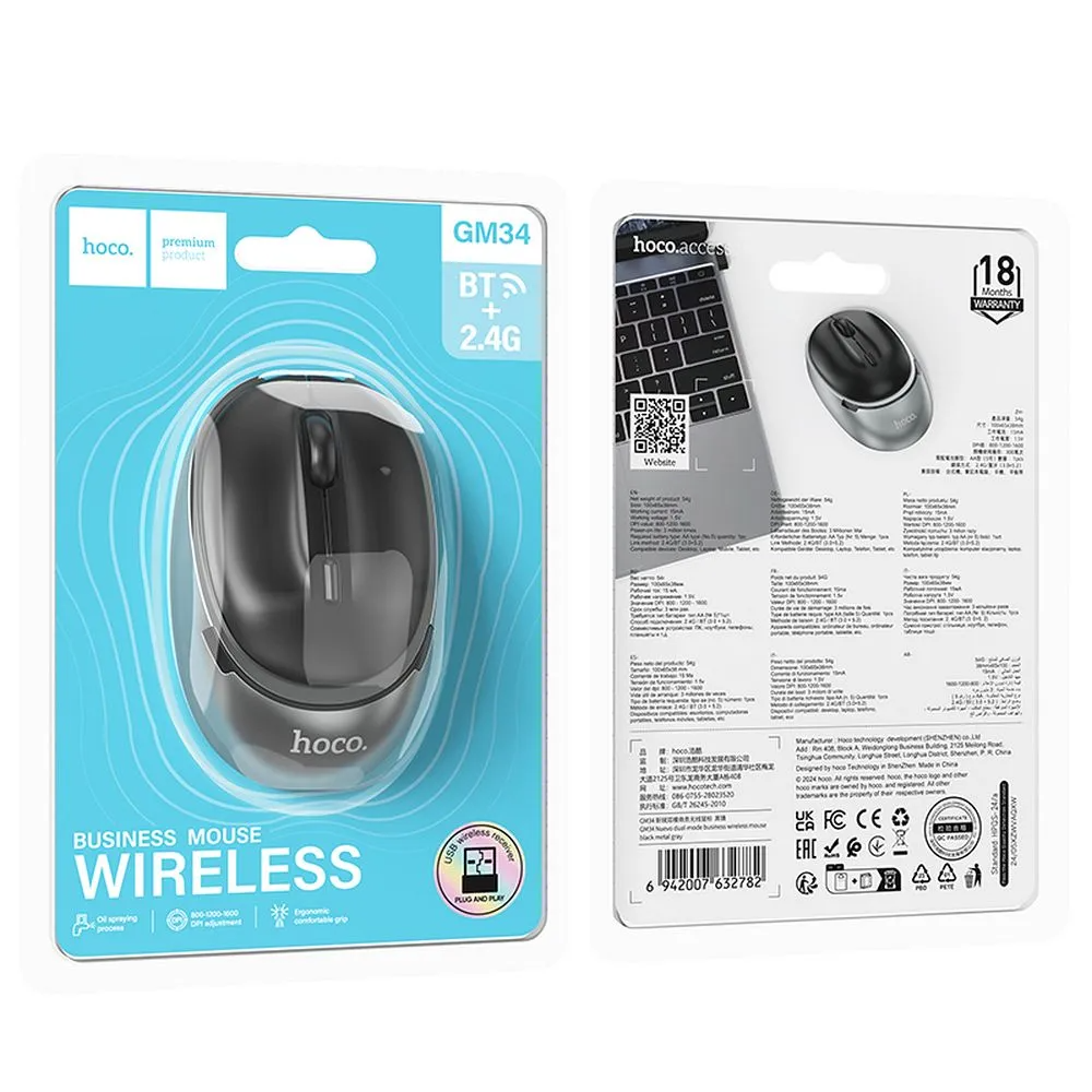 Mouse Wireless HOCO GM34, 1600DPI, BT / Wi-Fi, Nero