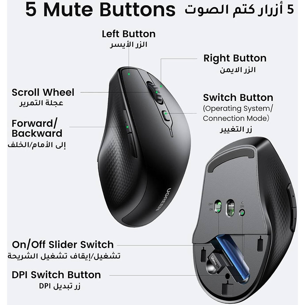 Mouse Wireless UGREEN MU101, 4000DPI, BT / Wi-Fi, Nero