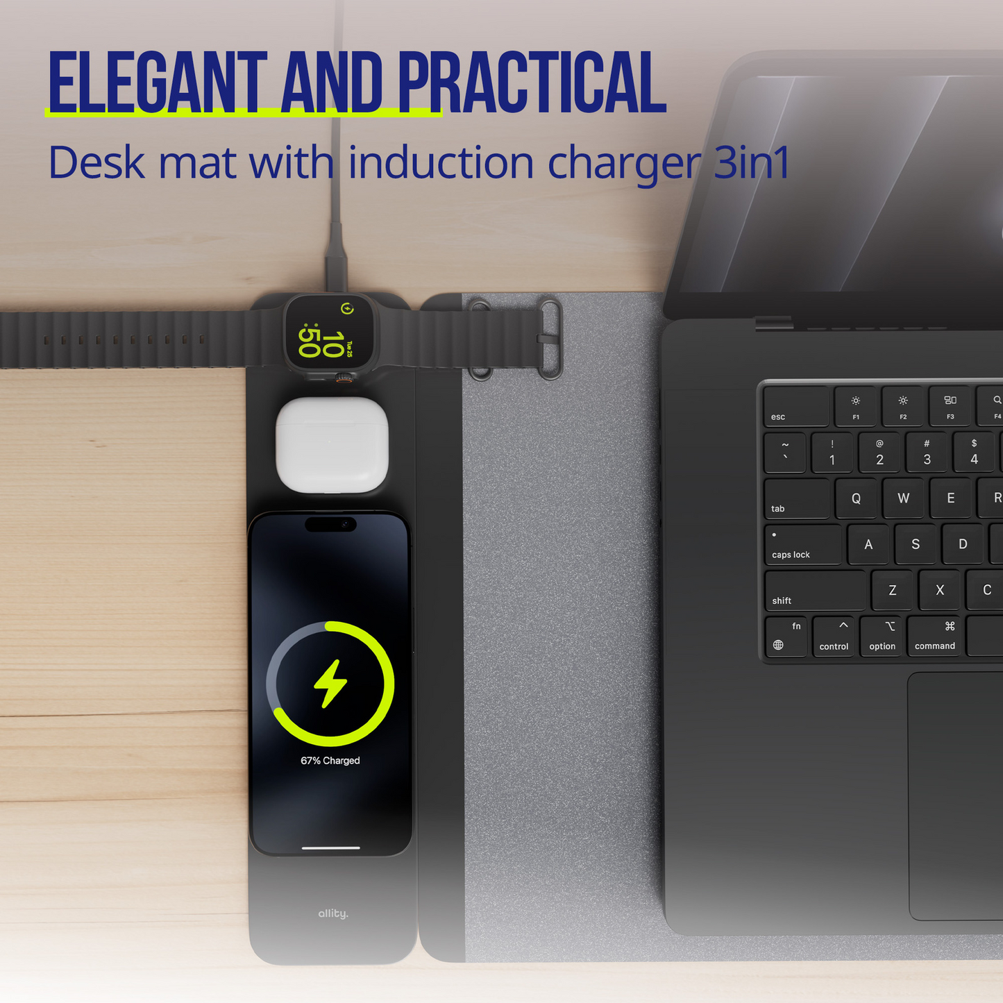 MousePad Allity. ALP-100 4in1 con Ricarica Wireless per Telefono / Orologio / Cuffie, Nero