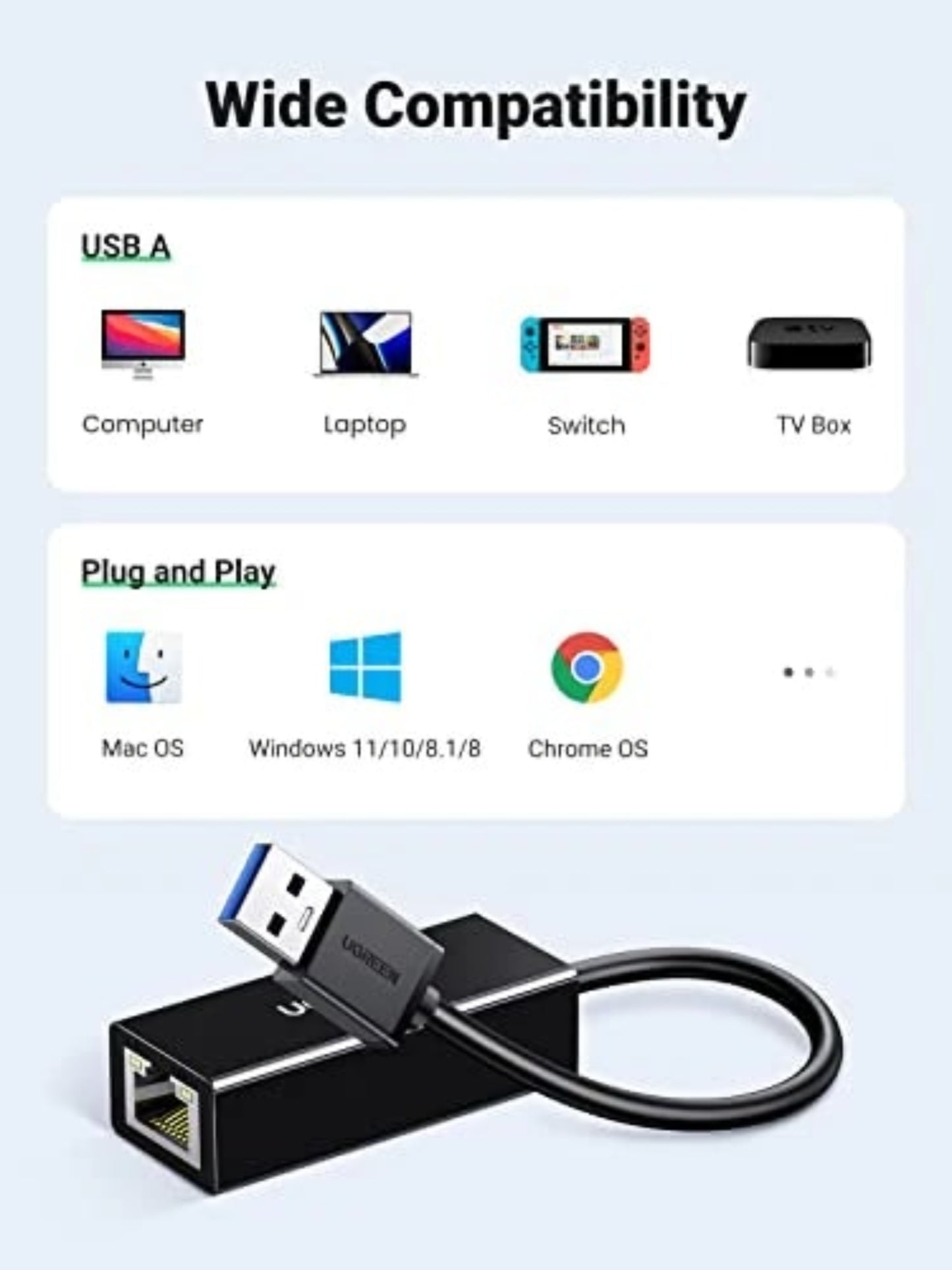 Scheda di Rete UGREEN CR111, RJ45, USB 3.0, Bianco
