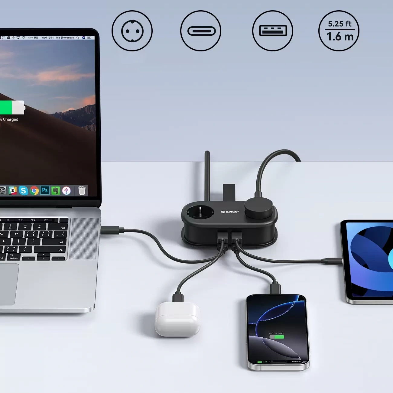 Prolunga Orico AP3, 2 x Schuko - 2 x USB-A - 2 x USB-C, Nero