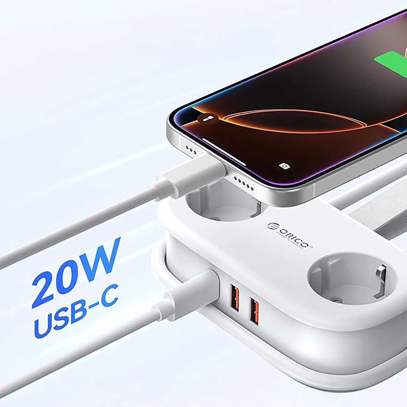 Prolunga Orico APP, 2 x Schuko - 2 x USB-A - 1 x USB-C, Bianco