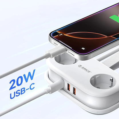 Prolunga Orico APP, 2 x Schuko - 2 x USB-A - 1 x USB-C, Bianco