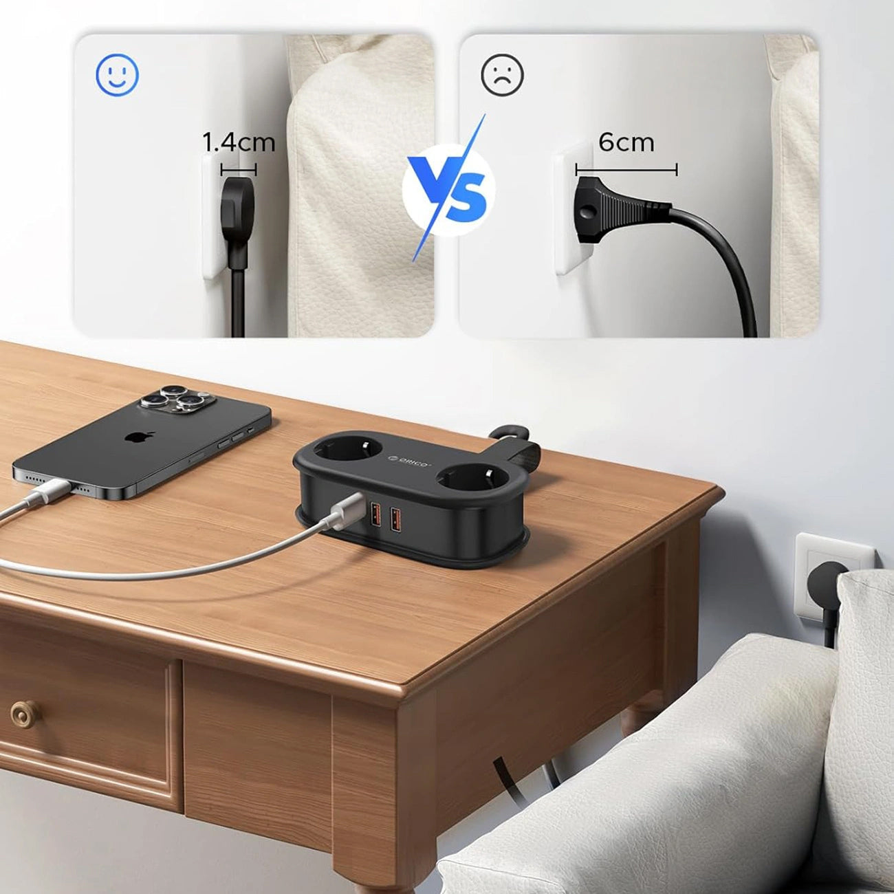 Prolunga Orico APP, 2 x Schuko - 2 x USB-A - 1 x USB-C, Nero