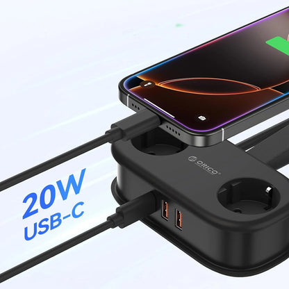 Prolunga Orico APP, 2 x Schuko - 2 x USB-A - 1 x USB-C, Nero