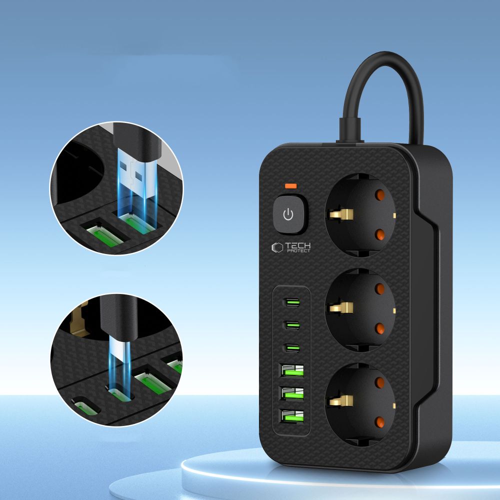 Tech-Protect PC3X6 Extension Cord, 3 x Schuko, Black