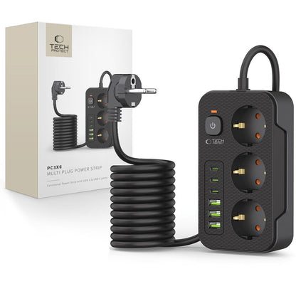 Tech-Protect PC3X6 Extension Cord, 3 x Schuko, Black