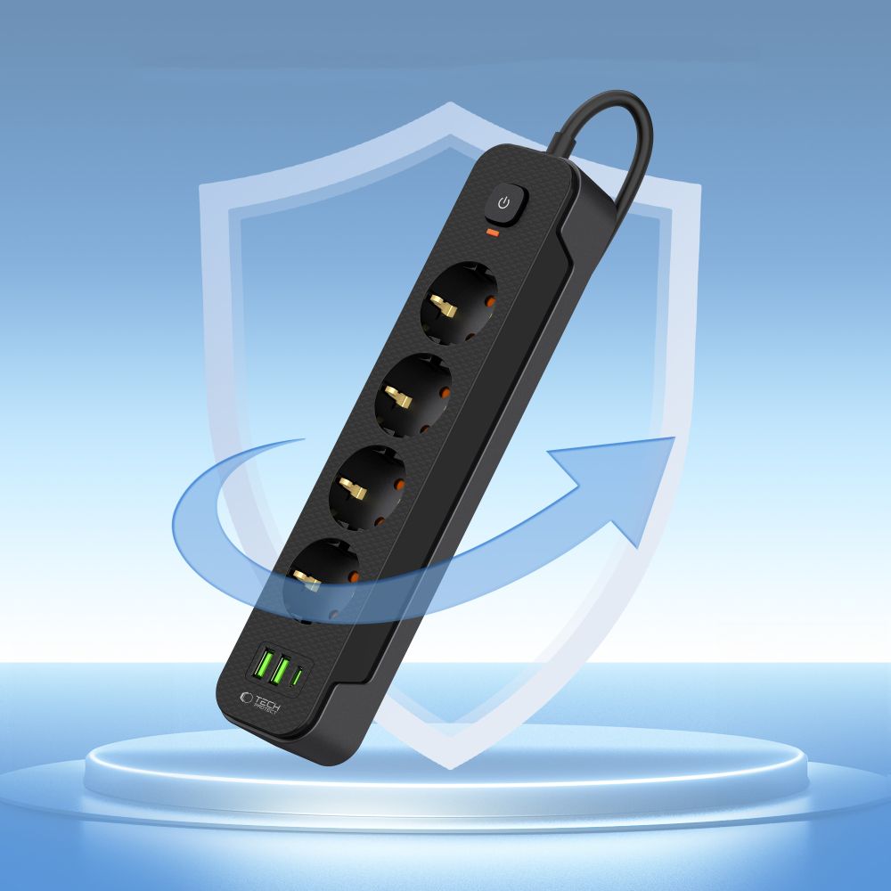 Caricabatterie di rete Tech-Protect PCL4X3, 2 x USB-A - 1 x USB-C - 4 x Schuko, nero 