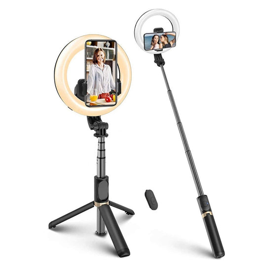 Selfie Stick Bluetooth Techsuit Q07 Ring Light, Universale, Nero
