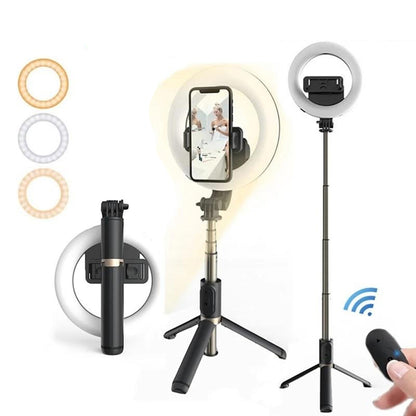 Selfie Stick Bluetooth Techsuit Q07 Ring Light, Universale, Nero