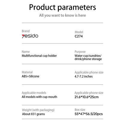 Supporto Auto Yesido C274, 4.7inch - 7.2inch, Nero